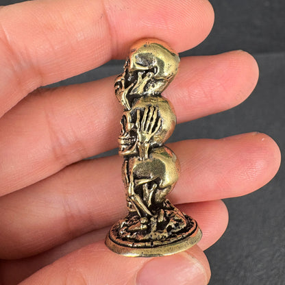 Vintage Brass Skull Figurine – See No Evil, Hear No Evil, Speak No Evil – Punk Gothic Home Decor, Male Desk Ornament