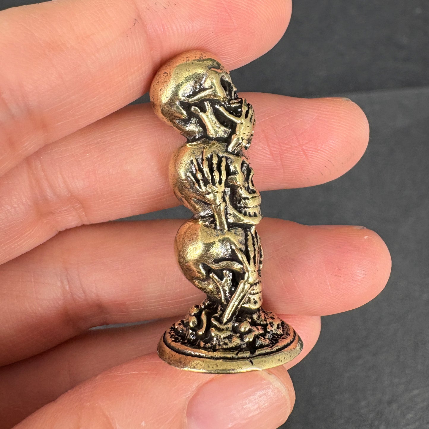 Vintage Brass Skull Figurine – See No Evil, Hear No Evil, Speak No Evil – Punk Gothic Home Decor, Male Desk Ornament