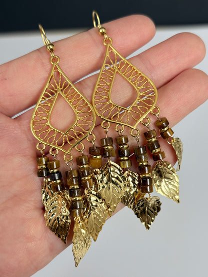 Natural Tiger Eye Leaf Tassel Earrings, Boho Dangle Earrings for Women, Handmade Gemstone Jewelry
