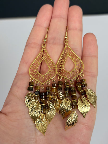 Natural Tiger Eye Leaf Tassel Earrings, Boho Dangle Earrings for Women, Handmade Gemstone Jewelry