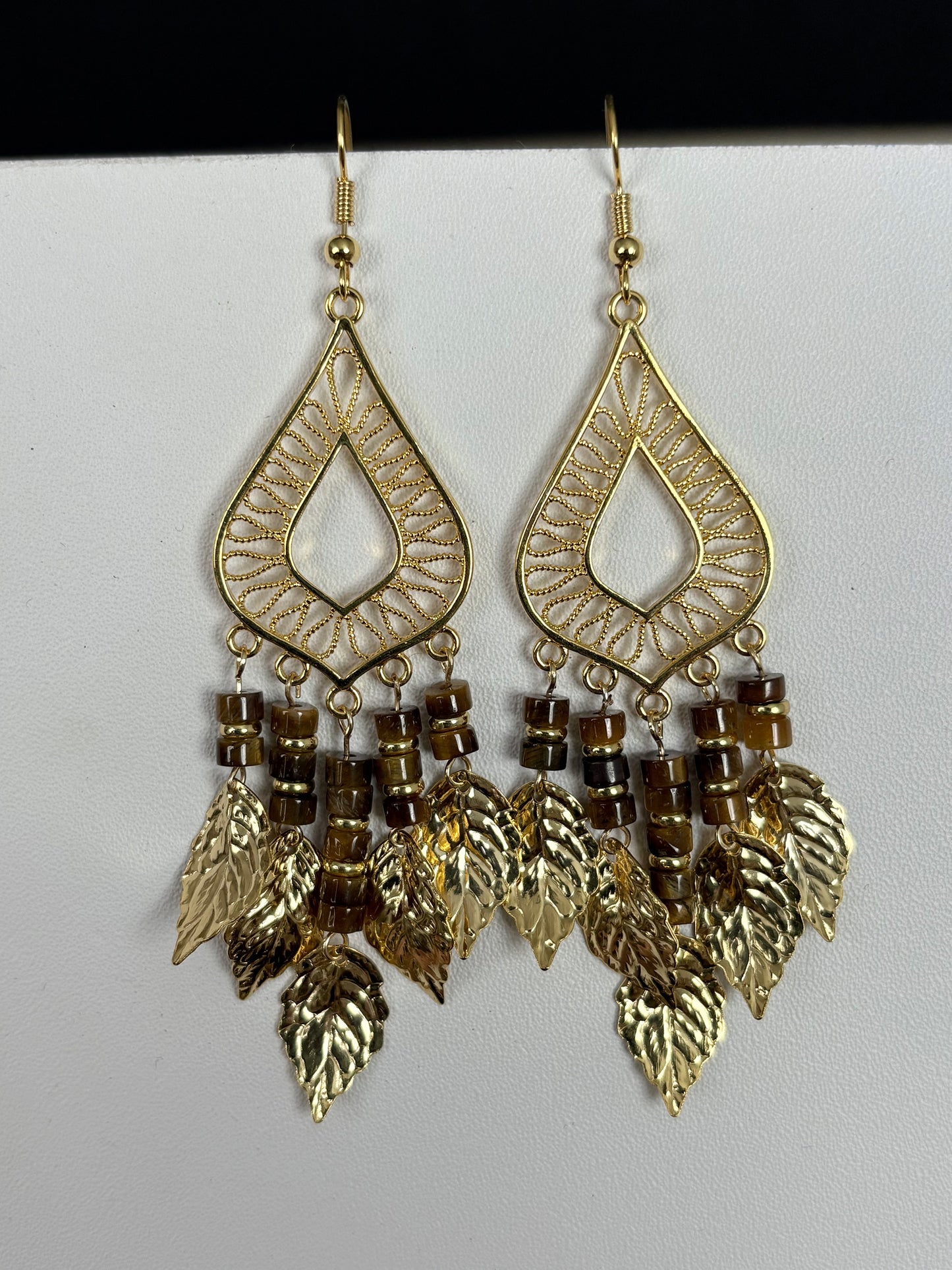 Natural Tiger Eye Leaf Tassel Earrings, Boho Dangle Earrings for Women, Handmade Gemstone Jewelry