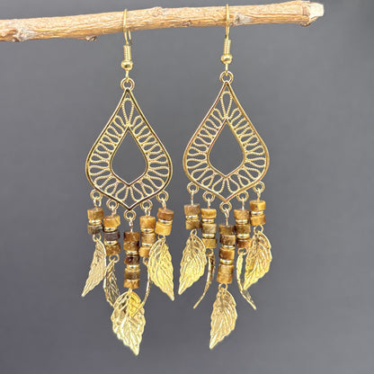 Natural Tiger Eye Leaf Tassel Earrings, Boho Dangle Earrings for Women, Handmade Gemstone Jewelry