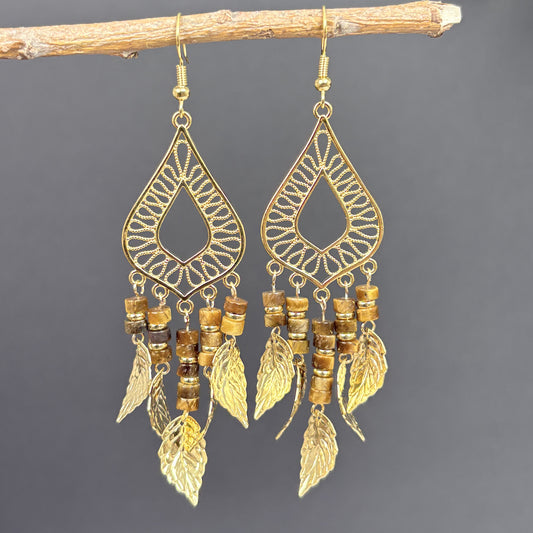 Natural Tiger Eye Leaf Tassel Earrings, Boho Dangle Earrings for Women, Handmade Gemstone Jewelry